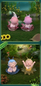 Detailed views of flower elf blind box figurines with wings on transparent bases