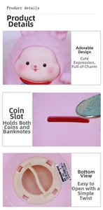 Detail of pink rabbit piggy bank showing top coin slot and bottom twist lock opening