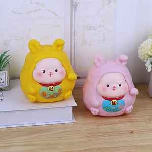 Cute Rabbit Piggy Bank Shatterproof Vinyl Money Box Chinese Style Lucky Fortune Desktop Ornament For Kids Boys Girls Gift