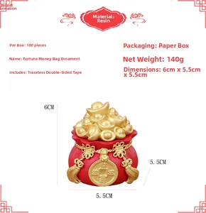 Detailed view of resin fortune bag ornament with weight and dimension specifications