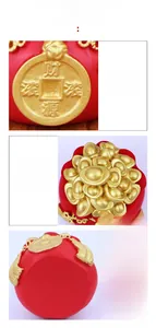 Macro detail of red lucky money bag resin ornament with gold ingots and stable flat base