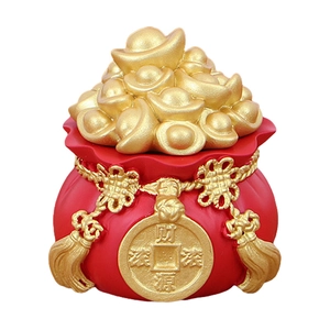 Lucky red money bag sculpture with gold ingots and tassels for car dashboard decor