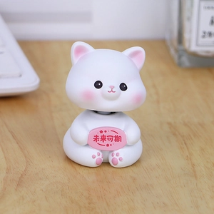 Cute white nodding cat resin ornament with positive message on wooden desk decor