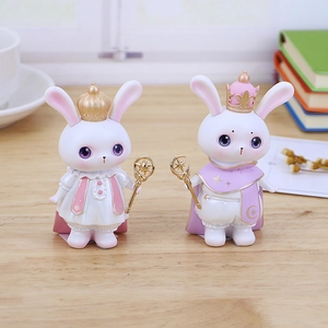 Cute bunny figurines with crown and scepter for office desk and cake decoration