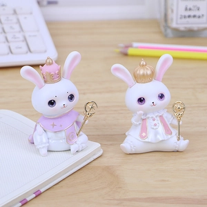 Cute bunny desktop ornaments with gold crowns and star wands for office and cake decor