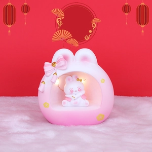Cute Rabbit Night Light with Chinese Traditional Decor on Soft White Base for Girls Bedroom