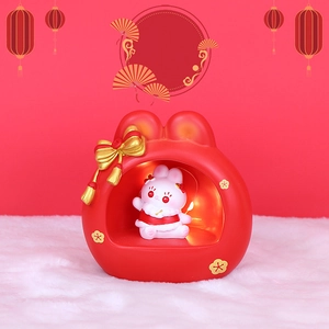 Chinese style red rabbit night light with cute white bunny for girl bedroom decor