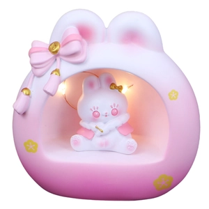 Cute pink bunny night light with warm LED beads and decorative ribbon for bedroom