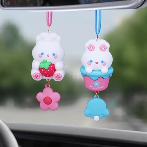 Rabbit Car Rearview Mirror Hanging Ornament Silicone Cartoon Strawberry Milk Tea Cup Interior Decoration