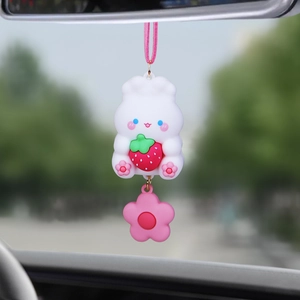 Cute white bunny car hanging ornament with strawberry and pink flower charm on mirror