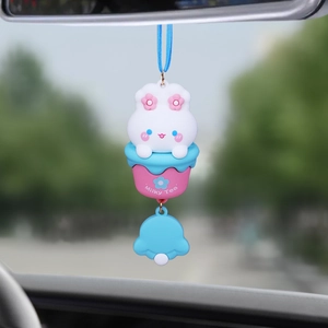 Cute white bunny rabbit in a milk tea cup car rearview mirror hanging ornament