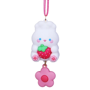 Cute white bunny holding a strawberry car pendant accessory with pink flower charm