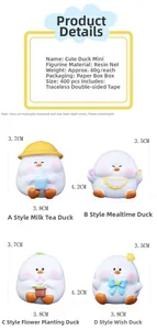Detailed size and style chart for four resin mini duck ornaments for desk and car decor