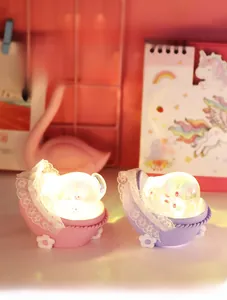 Detail of cute baby cradle night light with soft lace trim in pink and purple colors