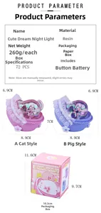 Detail view of resin animal night lights featuring cat and pig designs with pink packaging