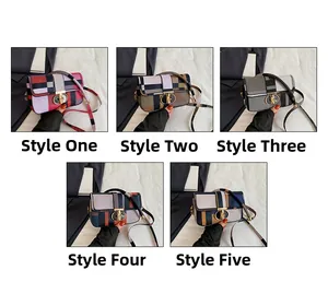 Detail showing five color variations of retro plaid crossbody bags with gold rotary locks