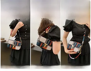 Detailed view of color-block plaid handbag shown in three versatile carrying styles