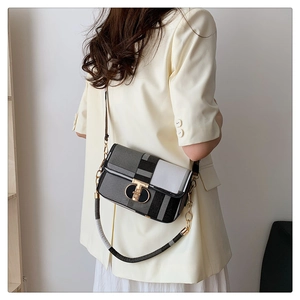Detail of retro plaid crossbody bag with golden T-shaped lock and woven strap