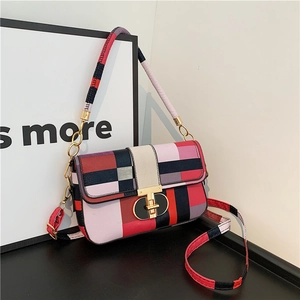 Women Crossbody Bag Retro Plaid Contrast Color PU Leather Shoulder Handbag With Gold Metal Turn Lock Niche Design