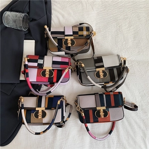 Retro geometric contrast plaid crossbody bags with gold metal twist locks and top handles