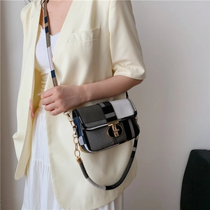 Contrast checkered crossbody flap bag with gold T-lock and chain strap for women