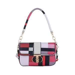 Retro geometric plaid crossbody bag in red, black, and white with golden ring lock