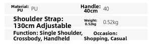 Tableau détaillé pour sac seau en PU incluant sangle réglable et modes de transport variés