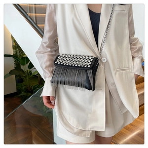Detail of black crossbody bag featuring silver rivets and elegant long chain tassels