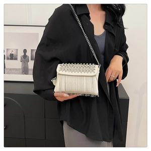 Detail of white crossbody bag featuring shimmering silver rhinestones and long fringe tassels