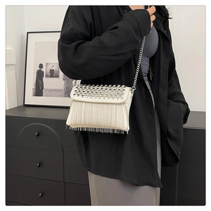 Detail of white shoulder bag featuring silver rivets, metal tassels and chain strap