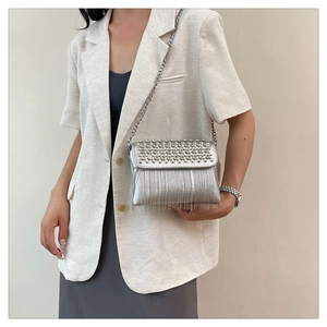 Close-up of silver crossbody bag with rhinestone fringes and a metal chain strap