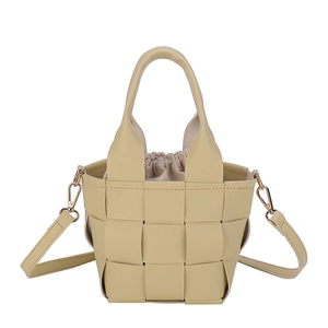 Sac seau tressé beige crème avec doubles poignées et doublure à cordon pour femme