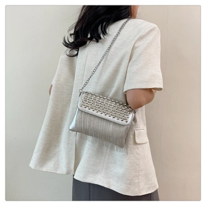 Detailed back view of a silver rhinestone fringe chain bag worn on a shoulder