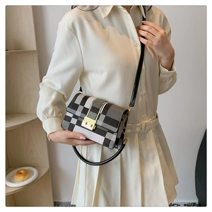 Detail shot of black and white checkered square bag with golden metal buckle clasp