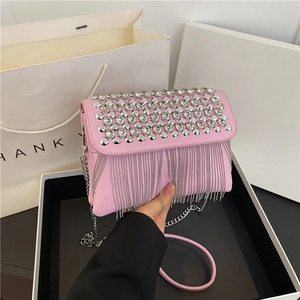 Trendy Rhinestone Tassel Women Crossbody Bag PU Leather Small Square Shoulder Bag With Metal Chain Strap For Party