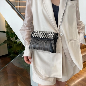 Fashionable black crossbody bag with silver rhinestones, fringe tassels and chain strap