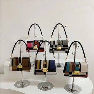Women Color Block Crossbody Bag PU Leather Geometric Plaid Shoulder Bag Fashion Flap Bag With Gold Metal Lock