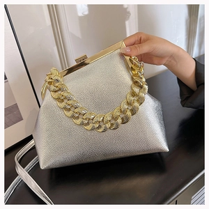 Detail of silver pebble grain leather bag with gold chain strap and metal clasp closure