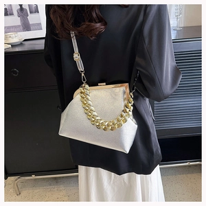 Close-up of silver glossy handbag with bold gold chain handle and vintage metal frame clasp