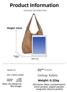 Detailed specs of brown vintage PU leather tote bag with tablet size reference