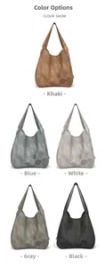 Multiple colors of large soft leather tote bags in khaki, blue, white, grey, and black