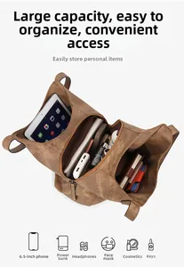 Internal view of dark brown bucket bag showing multi-compartment storage for tablet