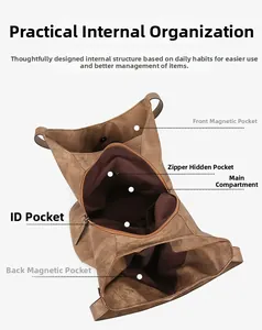 Interior structure of the brown leather bucket bag featuring multiple storage compartments
