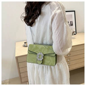 Detailed view of green chain crossbody bag with silver crystal buckle and marble texture
