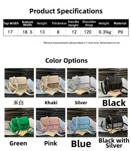 Detailed size chart and specifications for the textured sequins crossbody bag
