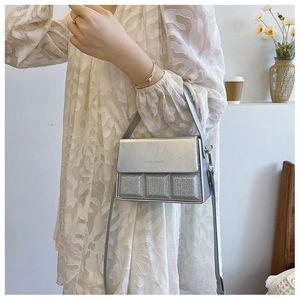 Chic silver sequined shoulder bag shown on model in a stylish indoor setting