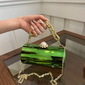 Luxus Damen Zylindrische Abendtasche Spiegel Metall Textur PU Clutch Mit Perle Strass Schnalle Kette Crossbody Party Tasche