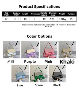 Detailed size chart and multi-color matrix for small PU leather crossbody box bag