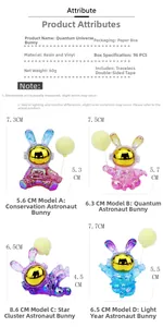 Detail view of four colorful space rabbit resin figurines with moon balloons for desk decor