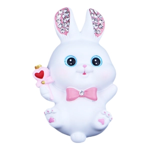 Cute white cartoon rabbit figurine with rhinestone ears and pink heart scepter decor